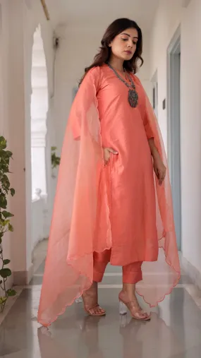 Orange Muslin Straight Set With Organza Dupatta