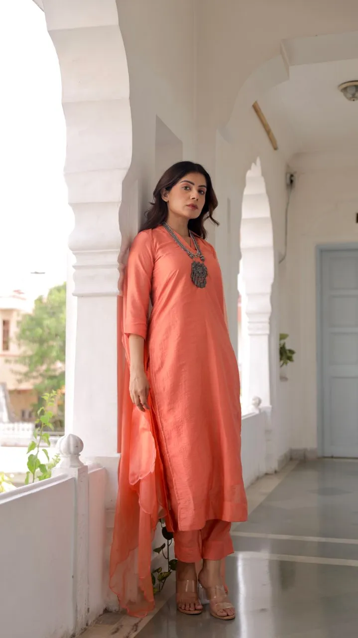 Orange Muslin Straight Set With Organza Dupatta