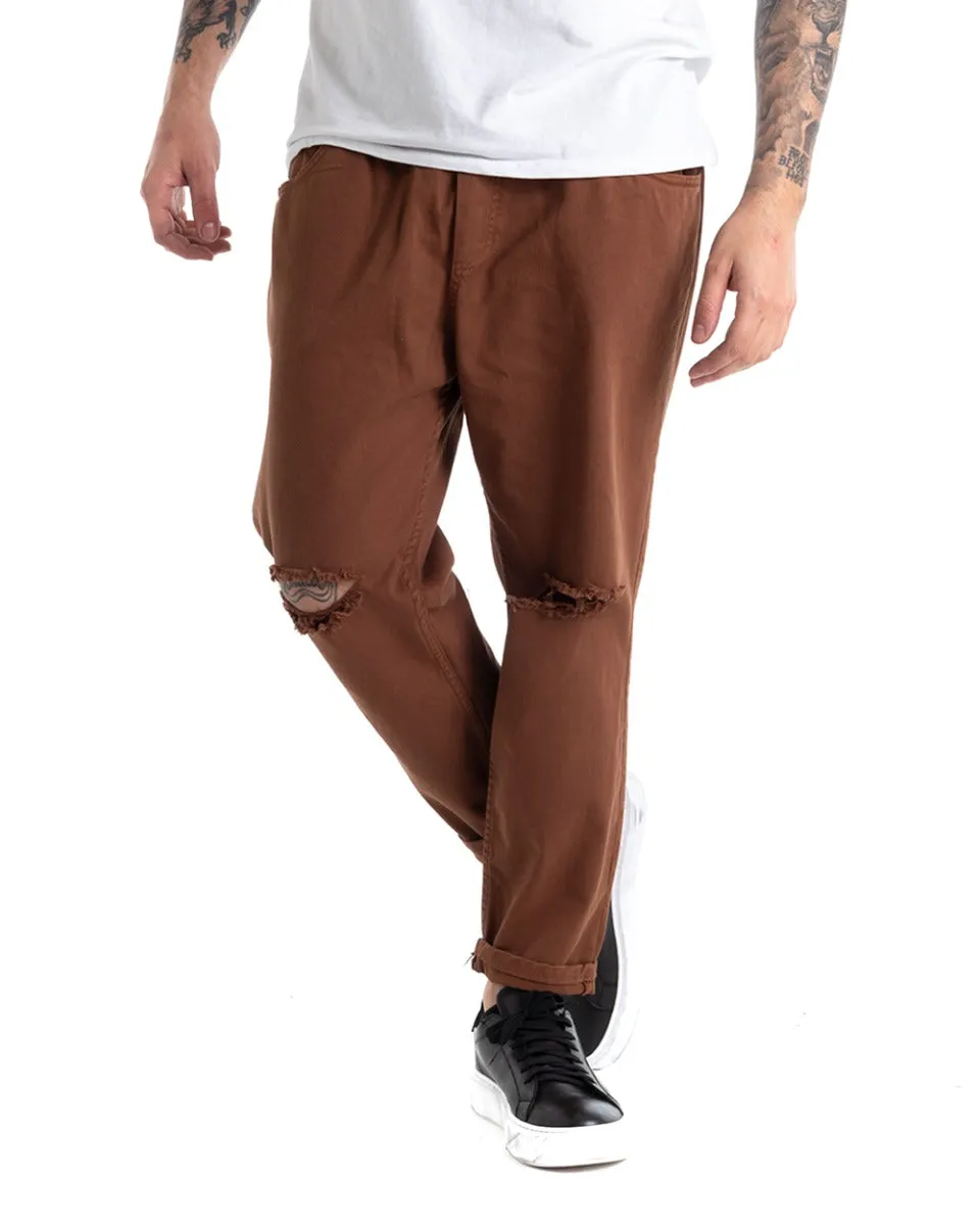 Pantaloni Jeans Uomo Regular Fit Tabacco Pantalaccio Taglio al Ginocchio Casual GIOSAL-P5369A