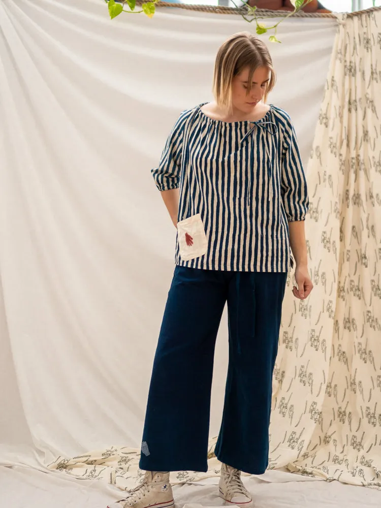 Peasant Top - Indigo Stripe & Hand Print