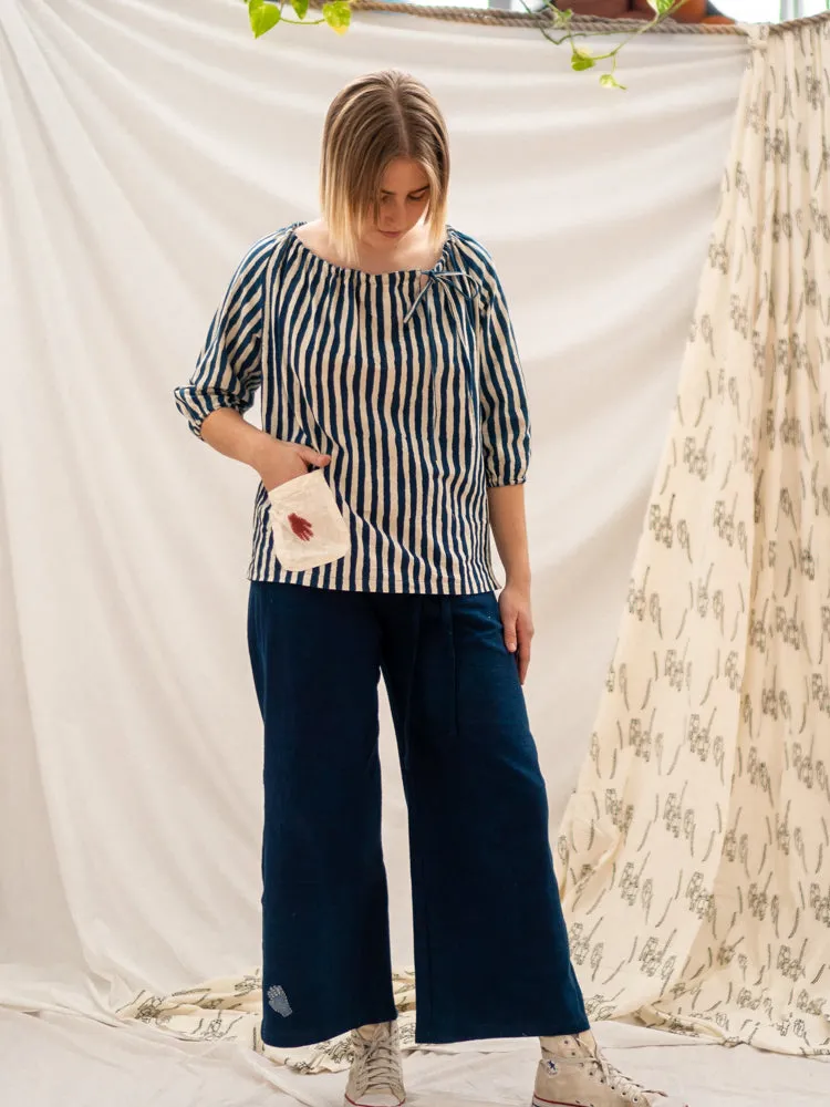 Peasant Top - Indigo Stripe & Hand Print