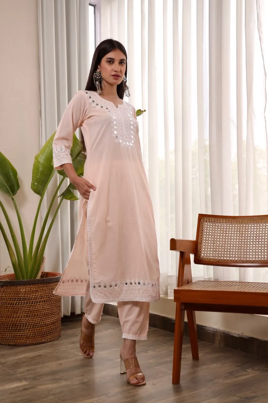 Pink embroidered cotton straight set