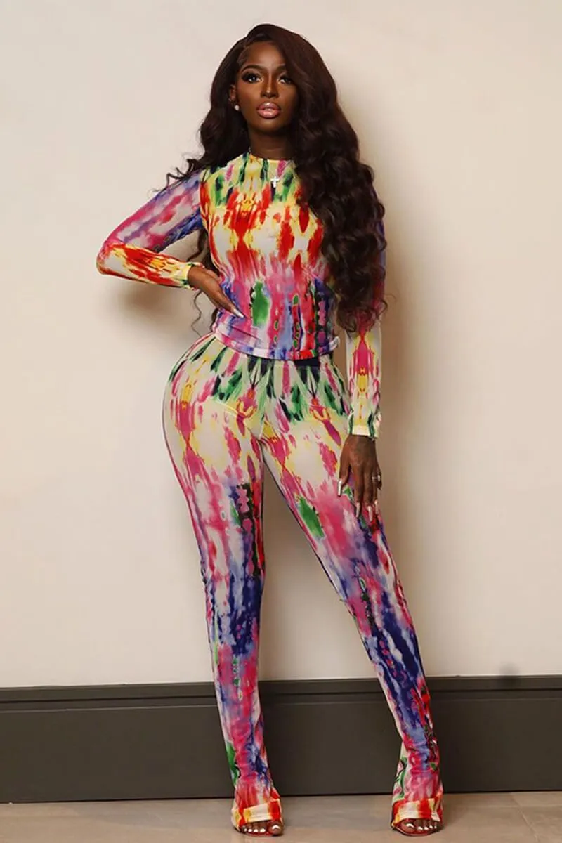 Printed Mesh Two Piece Matching Pants Set