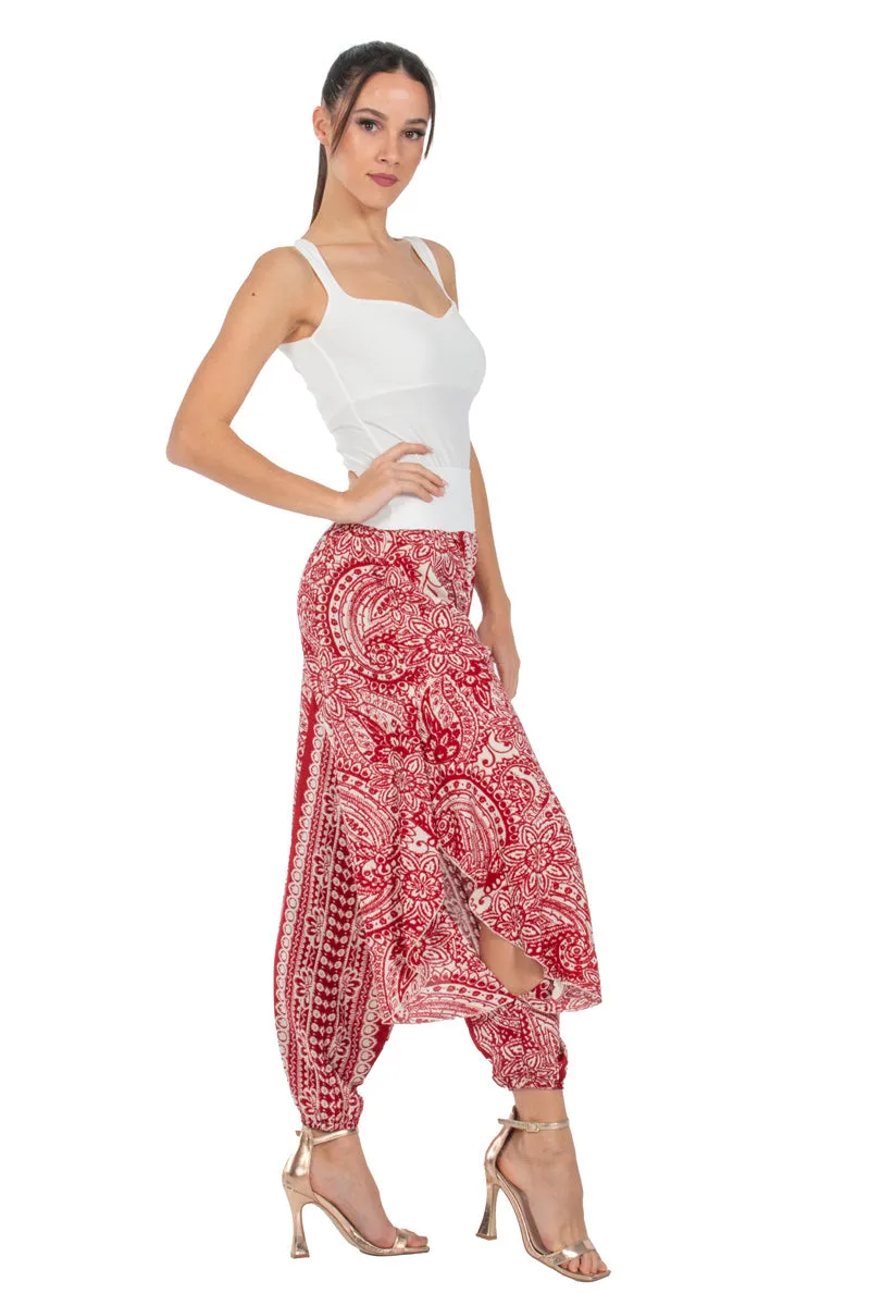 Red Mandala Paisley Print Harem Pants With Slits