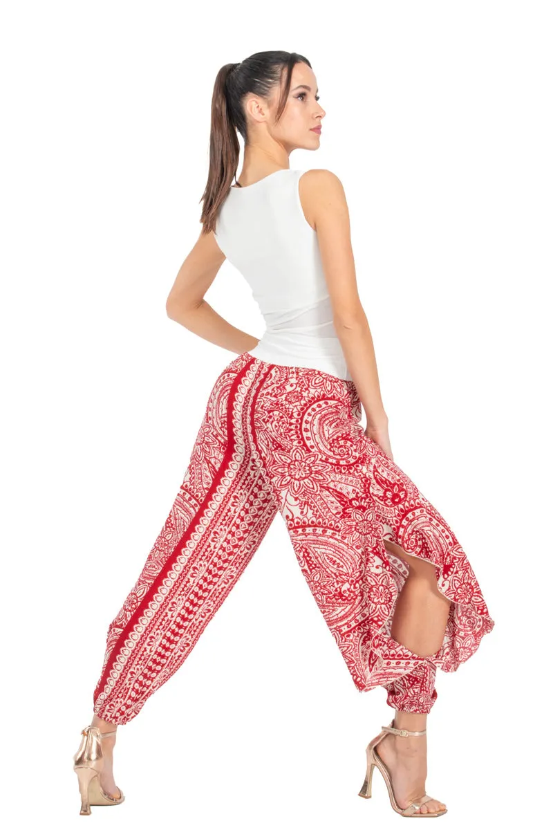 Red Mandala Paisley Print Harem Pants With Slits