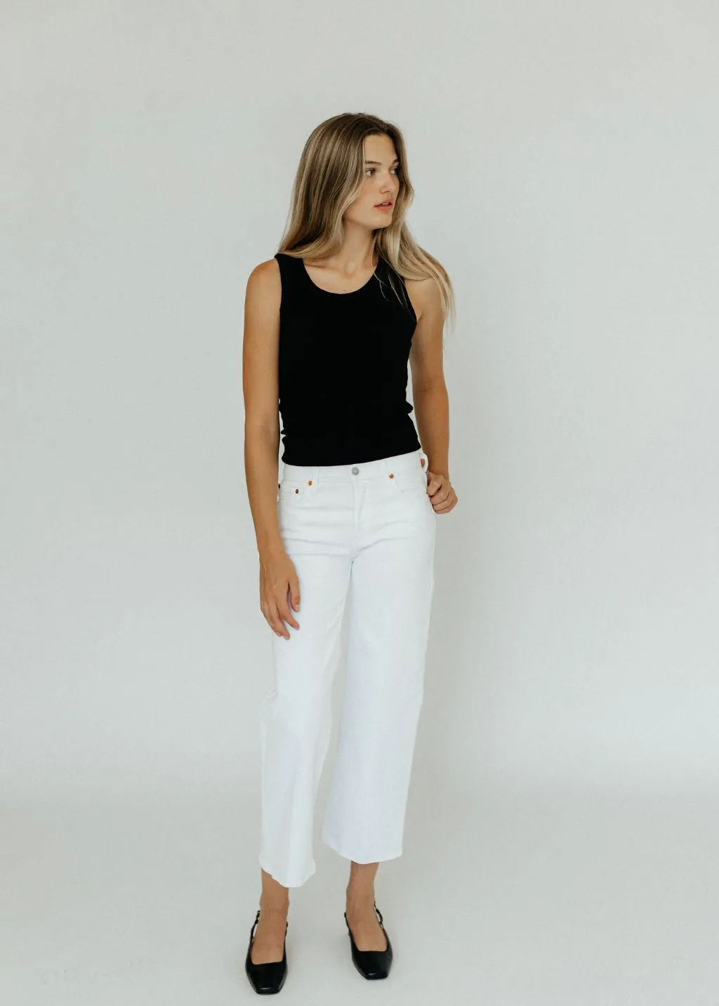 Re/Done Mid Rise Wide Leg Crop Denim in White