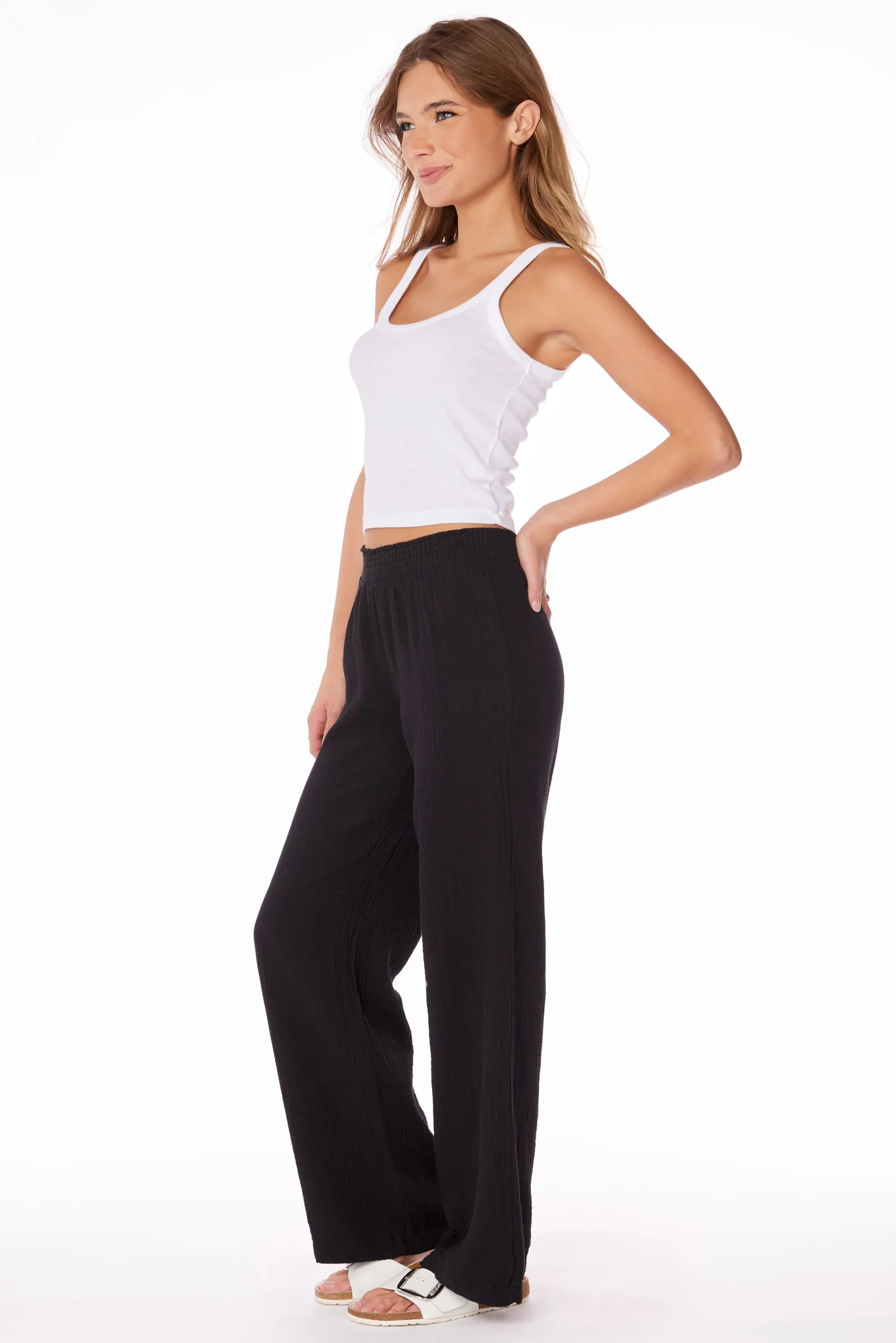 SMOCKED WAIST WIDE LEG PANT