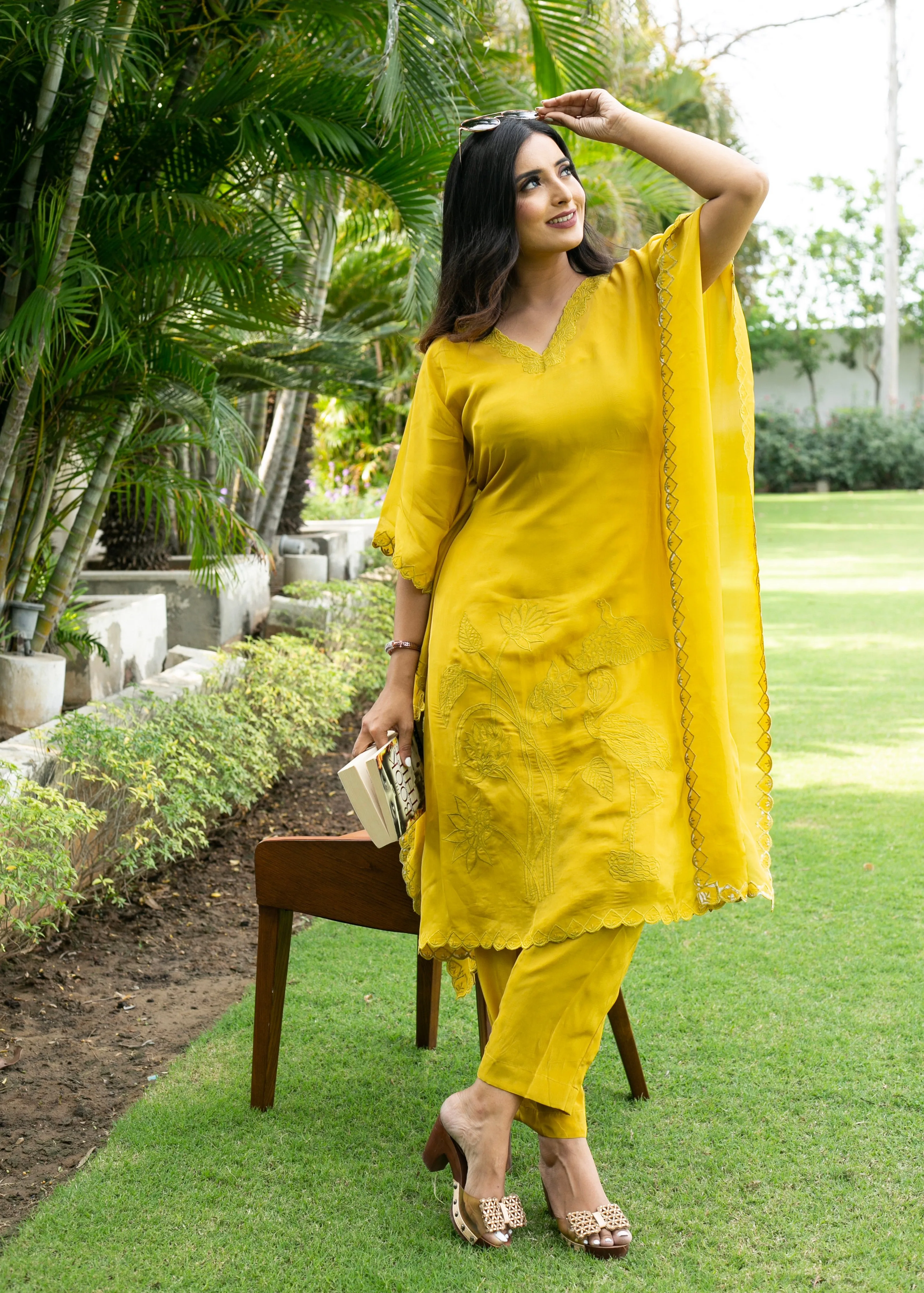 Sunflower Yellow Georgette Organza Handcrafted Applique Kaftan Set