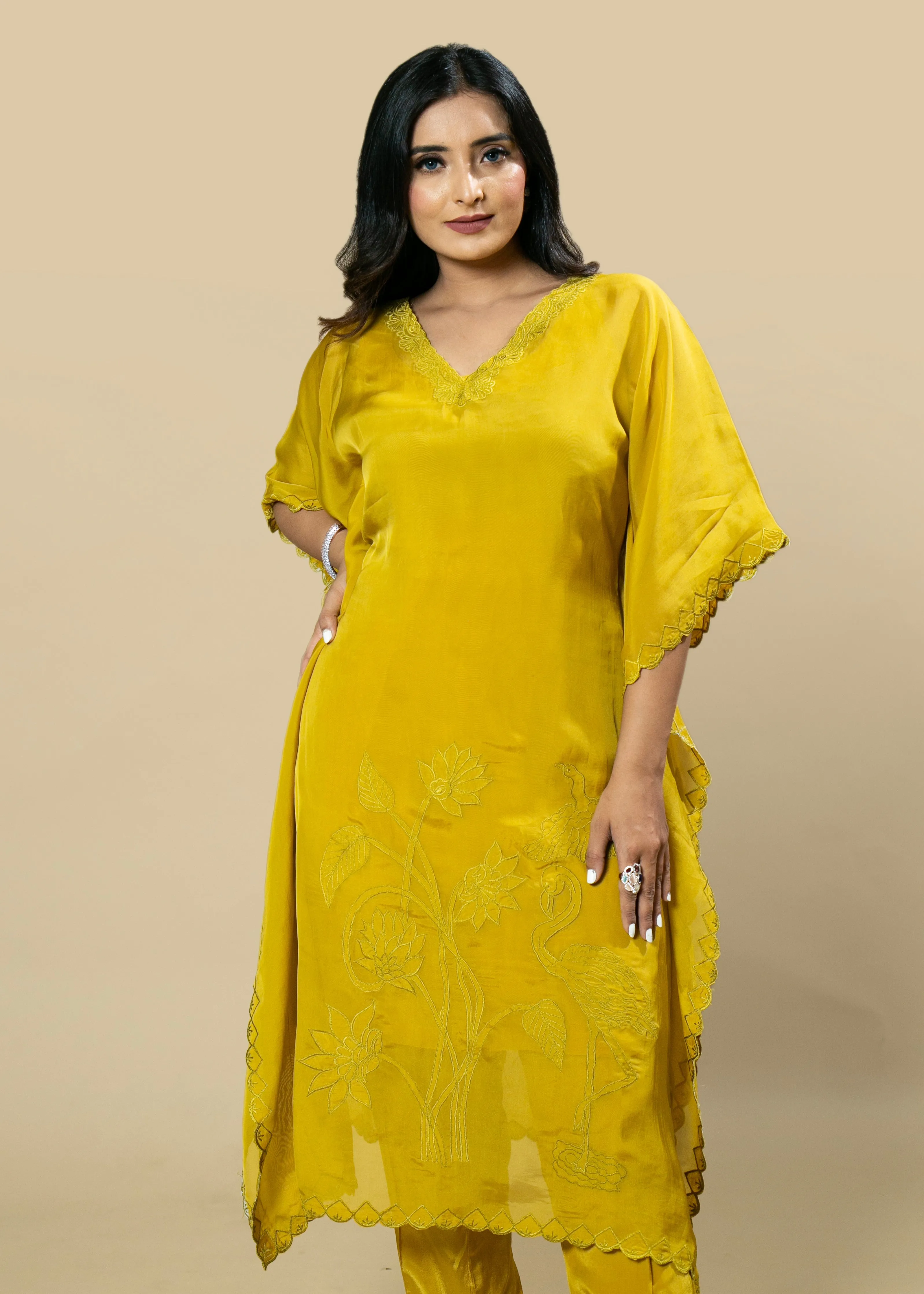 Sunflower Yellow Georgette Organza Handcrafted Applique Kaftan Set