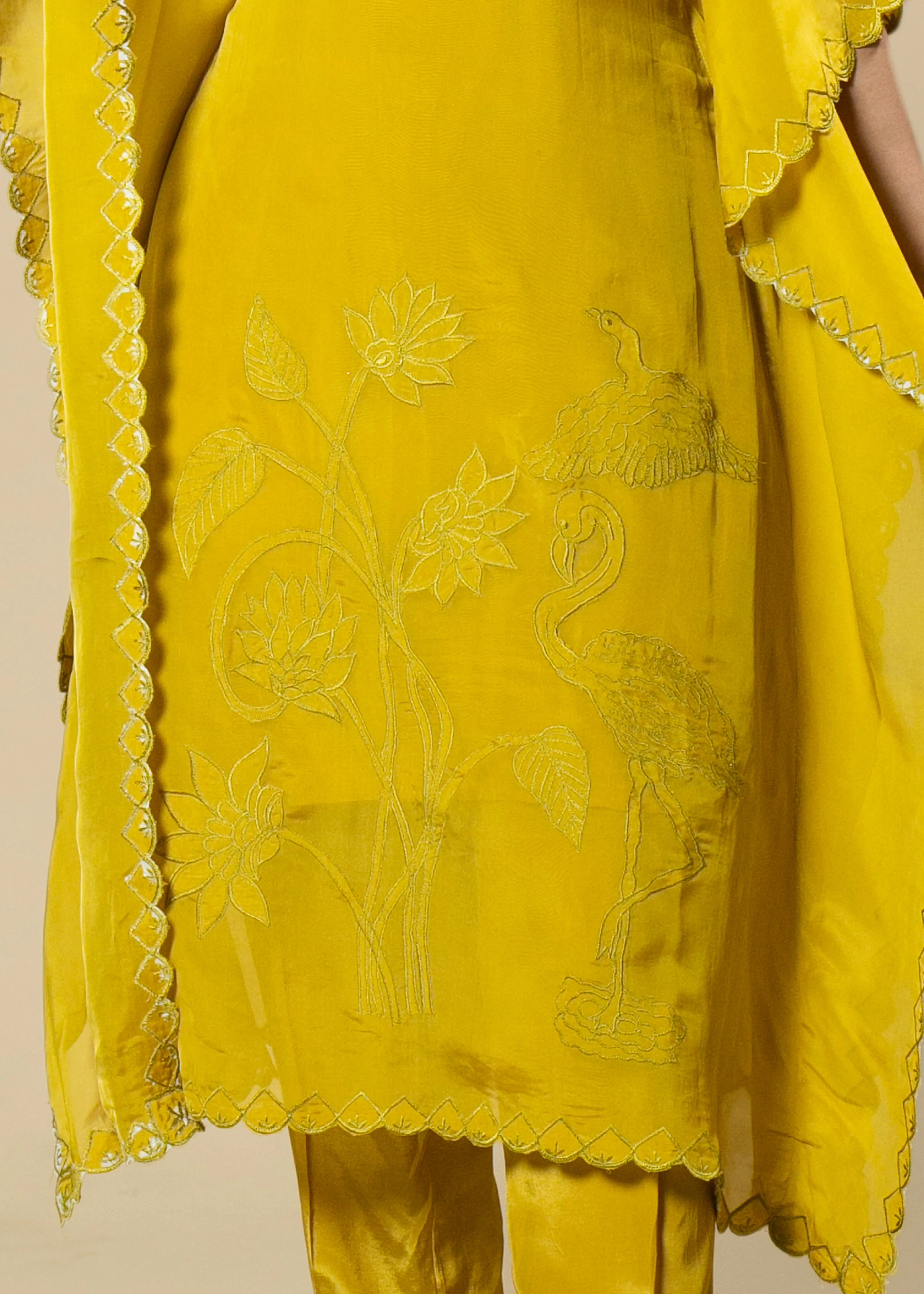 Sunflower Yellow Georgette Organza Handcrafted Applique Kaftan Set