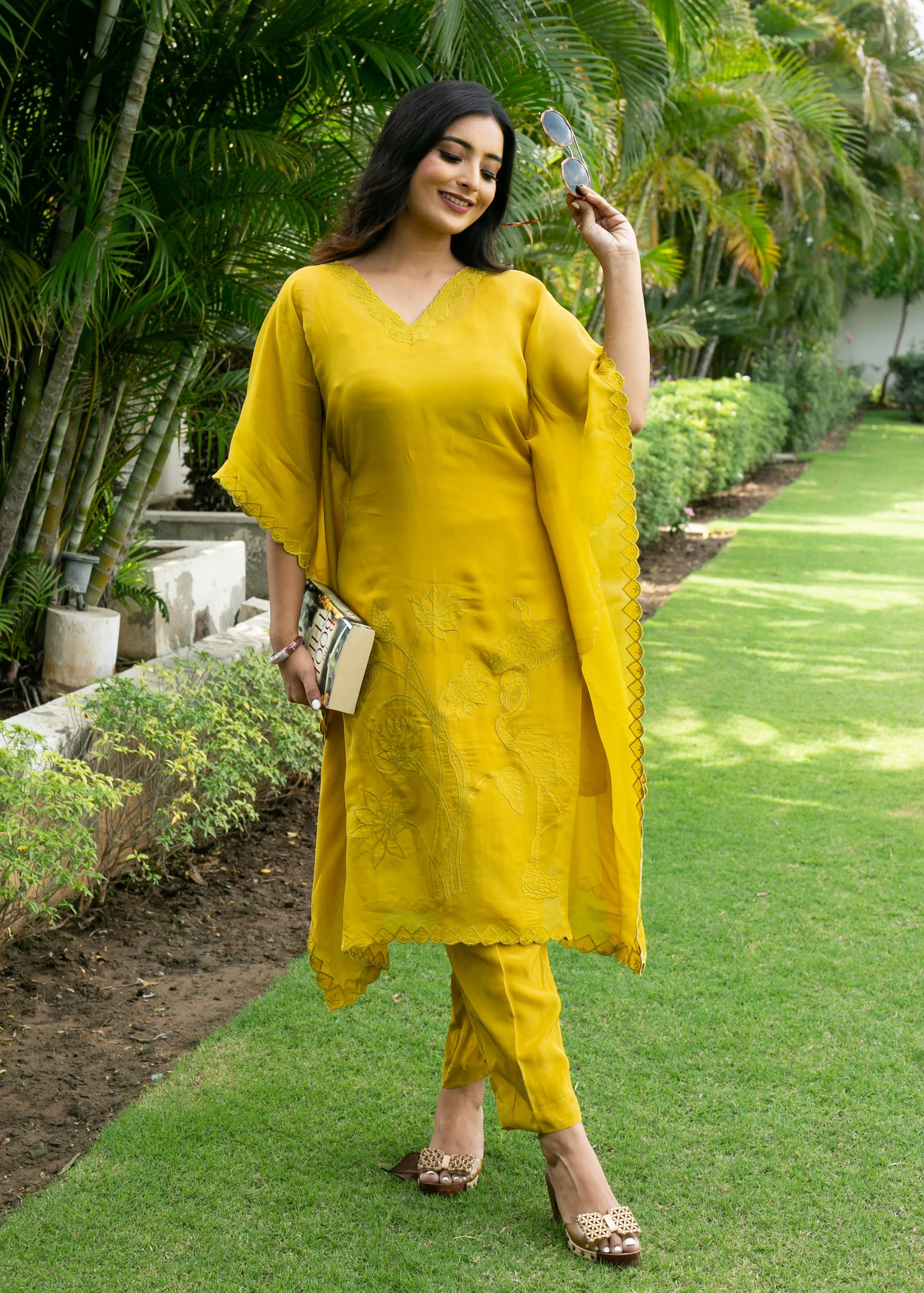 Sunflower Yellow Georgette Organza Handcrafted Applique Kaftan Set