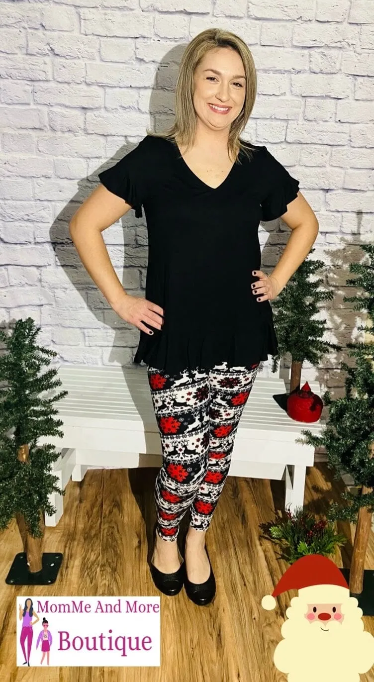 Womens Christmas Reindeer Holiday Leggings, Soft Yoga Pants, Sizes 0-20, Yoga Waist, Black/Red/White