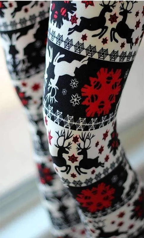 Womens Christmas Reindeer Holiday Leggings, Soft Yoga Pants, Sizes 0-20, Yoga Waist, Black/Red/White