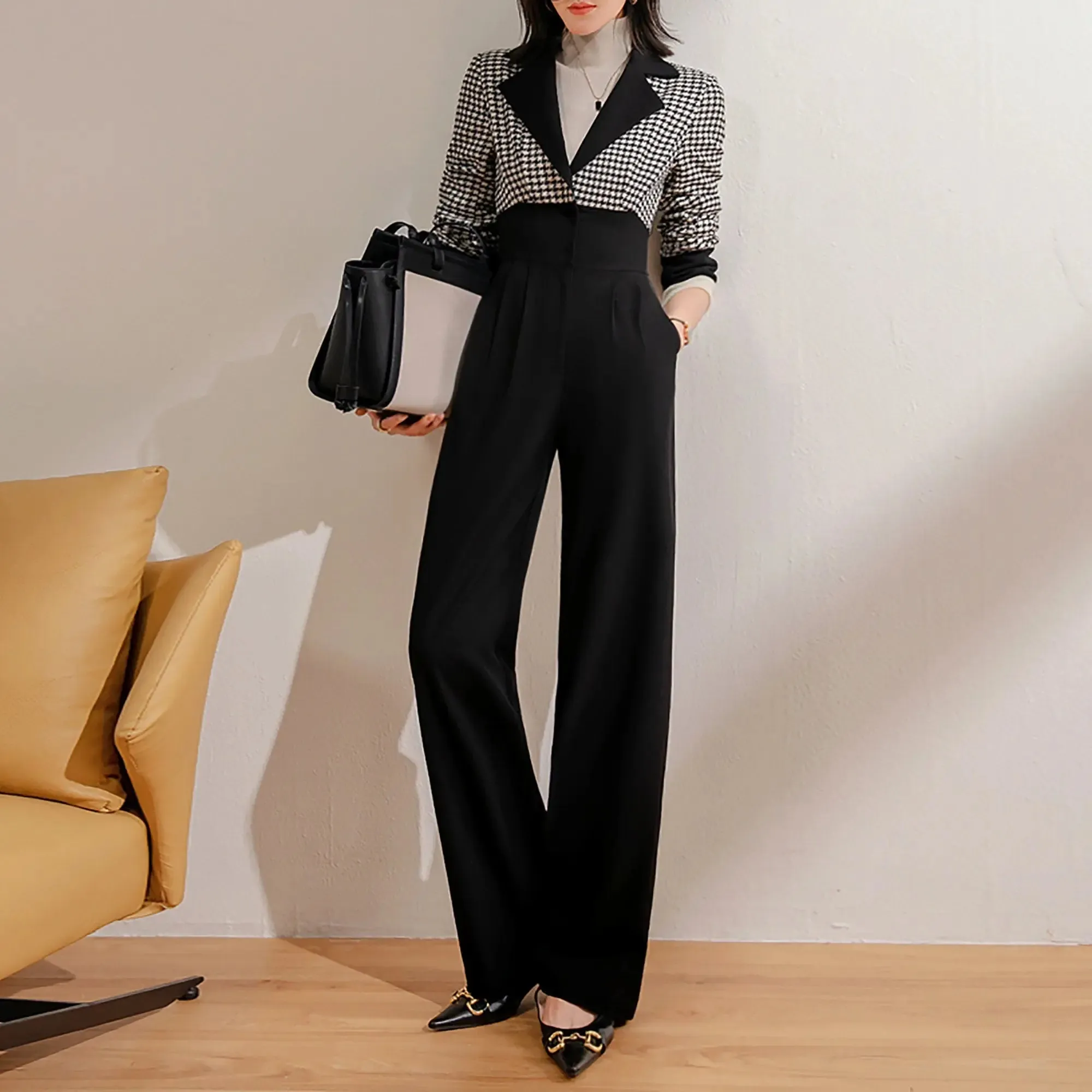 Women's Wool Jumpsuit,Wide leg Jumpsuit,Plaid Wool Rompers,long sleeve Jumpsuit,formal jumpsuit,Black Plaid Jumpsuit,Winter warm Jumpsuit