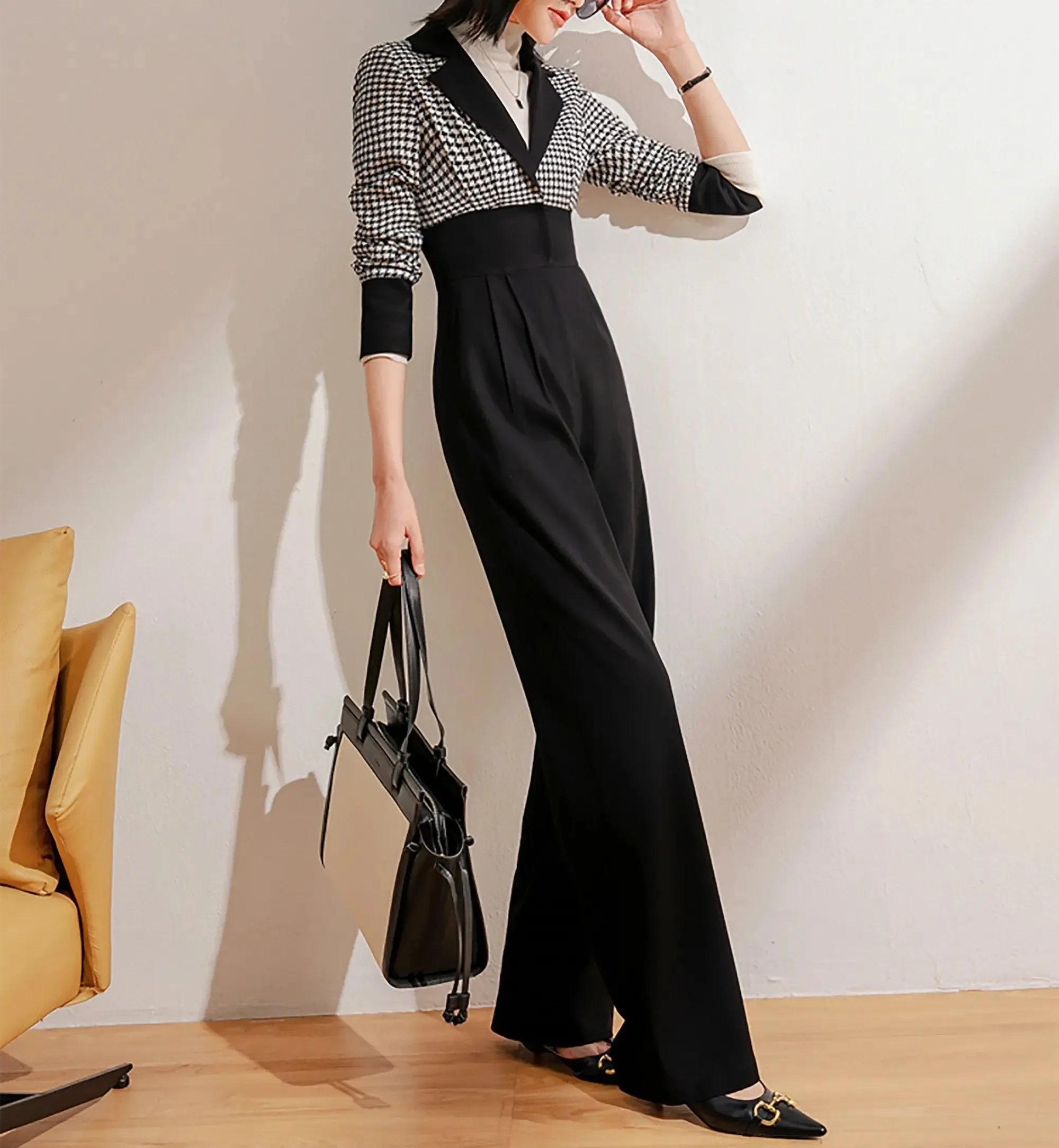 Women's Wool Jumpsuit,Wide leg Jumpsuit,Plaid Wool Rompers,long sleeve Jumpsuit,formal jumpsuit,Black Plaid Jumpsuit,Winter warm Jumpsuit