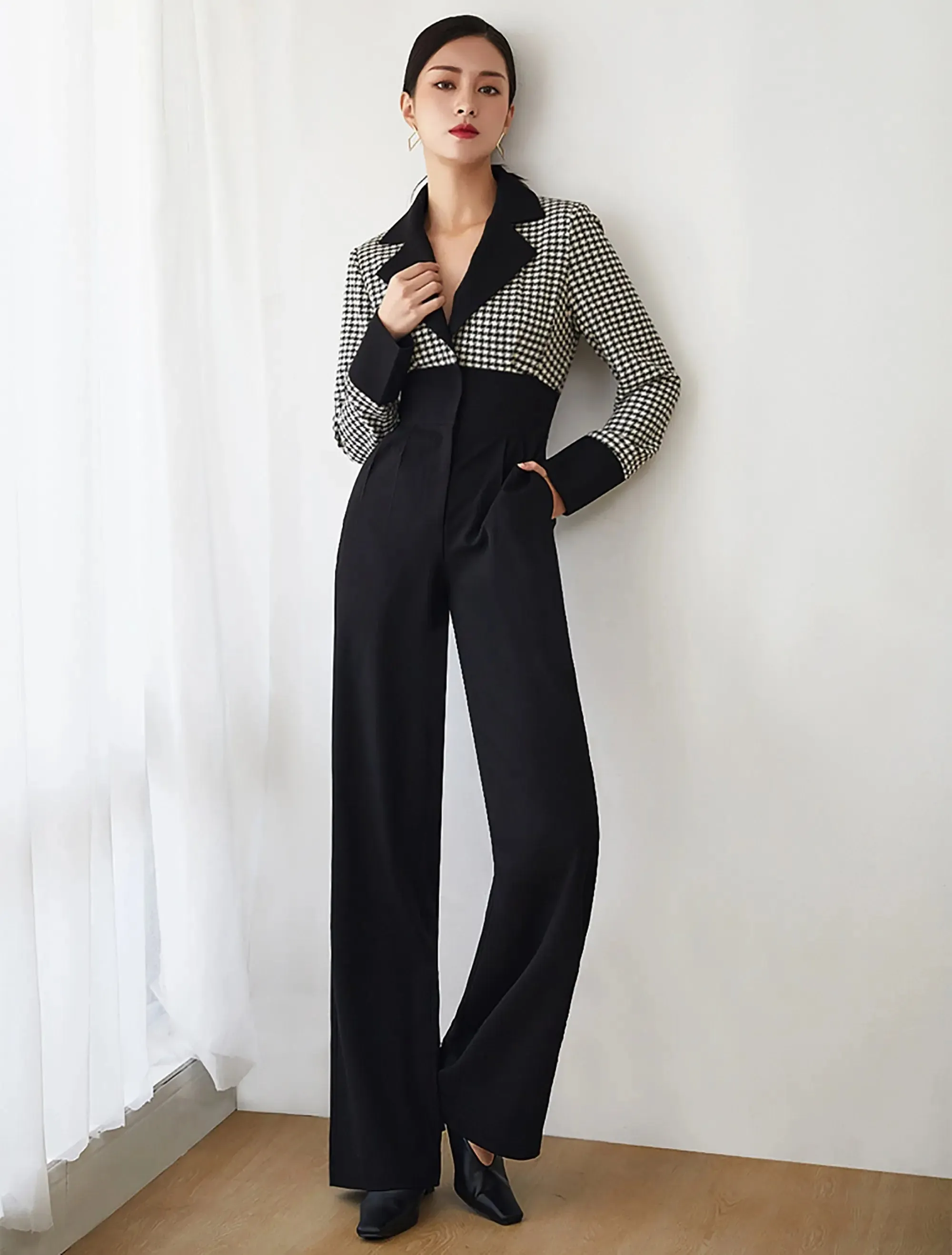 Women's Wool Jumpsuit,Wide leg Jumpsuit,Plaid Wool Rompers,long sleeve Jumpsuit,formal jumpsuit,Black Plaid Jumpsuit,Winter warm Jumpsuit